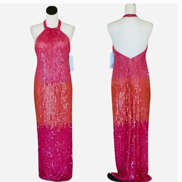 NWT JKARA Heavily All Over Sequins Color Block Halter Neck Gown Maxi Dress - Picture 2 of 7